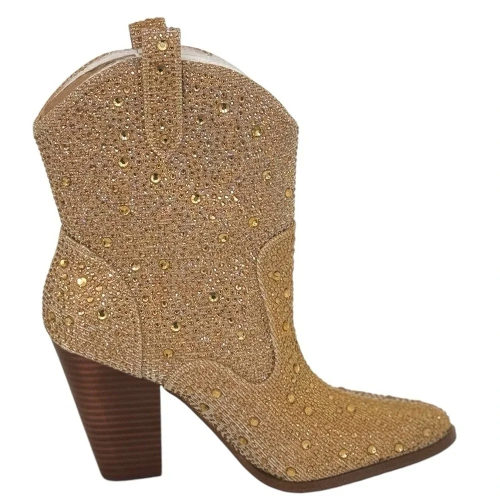 Jessica‎ Simpson Cissely Gold Rhinestone Glitter Western Ankle Boots Size 6M